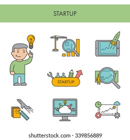 Line icons for startup, new ideas and innovations. Vector linear set for web