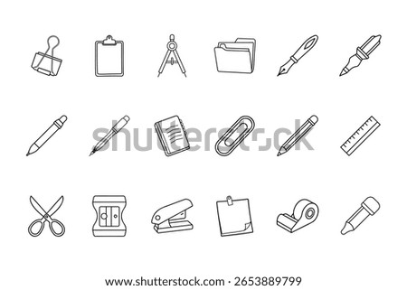 Line icons stationery items including binder clipboard compass folder pen pencil notebook paperclip ruler