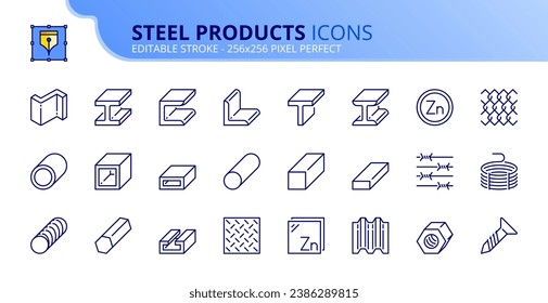 Line icons steel products. Contains such icons as rolled steel, metal beams, rods, wire and pipes. Editable stroke. Vector 256x256 pixel perfect.