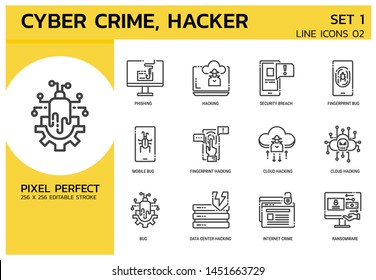 Line Icons Style. Hacker Cyber crime attack for web design, ui, ux, mobile web, ads, magazine, book, poster. Vector 256x256 Pixel Perfect Editable stroke.