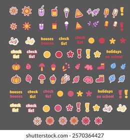 Line icons for summer break and autumn holidays. Vector pictogram illustration with summer to fall transition, warm weather foods, autumn attributes. Vector illustration.