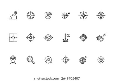 Line icons targets goals including arrows bullseyes eye flag location magnifying glass person