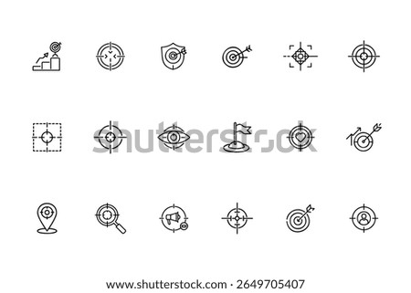 Line icons targets goals including arrows bullseyes eye flag location magnifying glass person