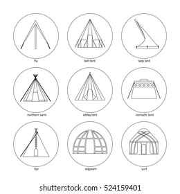 Line icons of tents on white background. Traditional types of tent: bell tent,fly, nomadic tent, sibley tent, tarp tent, tipi, wigwam, yurt, northern sami.