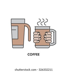 Line icons thermo mug and coffee in color. Vector linear logo for web and site