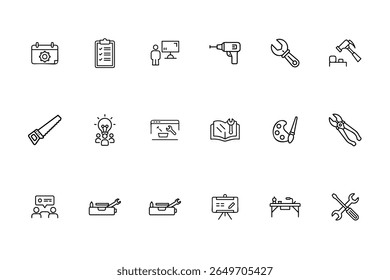 Line icons tools objects including calendar presentation drill wrench hammer saw Bundle