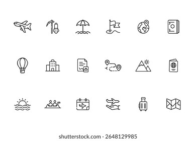 Line icons travel tourism elements including airplane passport map suitcase beach umbrella