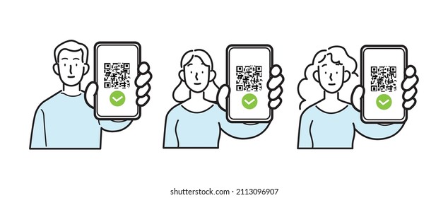 Line Icons Vector Isolated Set. Man And Woman Holding Smartphones With Qr Code On Screen. Digital Sanitary Pass Check, Eu Green Pass, Health Pass, Vaccine Passport Or Immunity Certificate For Travel.