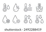 Line icons water temperature. Vector symbols of high and low temperature, humidity. Increase decrease values, water quality. Drop of water in the sea, thermometer, snow and sun. Editable stroke set.