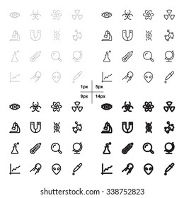 Zeilensymbole für Web und Mobile. Moderne, minimalistische flache Gestaltungselemente der wissenschaftlichen Ausrüstung, der Biotechnologie, der Genomprüfung, der physikalischen und chemischen Materialforschung. voll bearbeitete Wegstärke