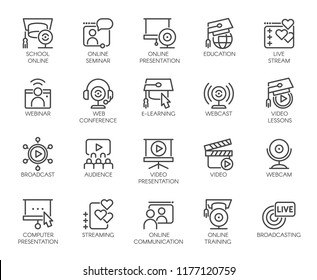 Line icons of webinars, online education. web conferences, remote video meetings. Modern Internet technologies and communications label series. Global network concept set. Vector illustration isolated