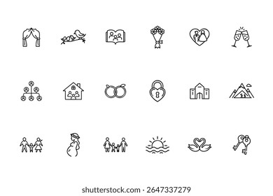 Line icons of wedding family symbols including birds flowers rings lock keys love