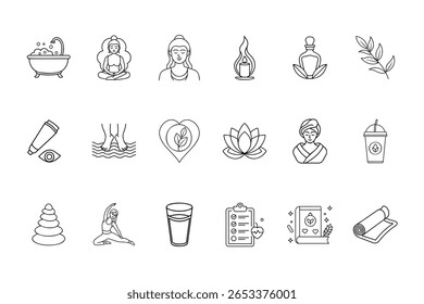 Line icons wellness self care items including yoga meditation spa healthy lifestyle elements