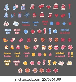 Line icons for winter holidays, valentine's day and easter. Vector pictogram illustration with warm winter clothes, early spring flowers, easter eggs. Vector illustration.