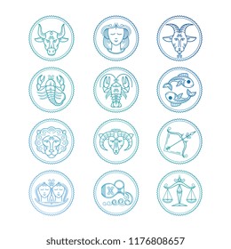 Line icons Zodiac signs vector set. Colorful horoscope emblems isolated on white illustration
