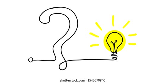 line idea concept with question mark tangled with lightbulb on yellow color with doodle style