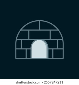 Line Igloo ice house icon isolated on black background. Snow home, Eskimo dome-shaped hut winter shelter, made of blocks. Flat filled outline style with shadow. Vector