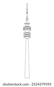 Line illustration of the 291 meter high modern iconic Olympia Communications tower building. Located at the Spiridon-Louis-ring, Olympiapark, Munich, Beieren, Germany