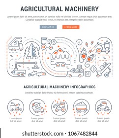 Line illustration of agricultural machinery. Concept for web banners and printed materials. Template with buttons for website banner and landing page.