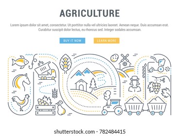 Ilustración lineal de la agricultura. Concepto de banners web y materiales impresos. Plantilla con botones para banner y página de inicio del sitio web.