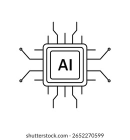 Line illustration of an AI unit with rectangular central chip and detailed circuit arms. Technical black and white concept for modern design.