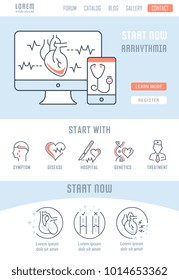 Line illustration of arrhythmia. Concept for web banners and printed materials. Template with buttons for website banner and landing page.
