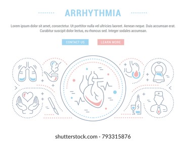Line illustration of arrhythmia. Concept for web banners and printed materials. Template with buttons for website banner and landing page.