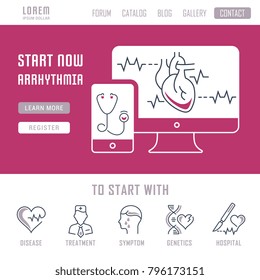 Line illustration of arrhythmia. Concept for web banners and printed materials. Template with buttons for website banner and landing page.