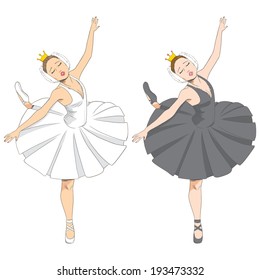 Line illustration of a beautiful elegant swan lake ballet dancer in two black and white version
