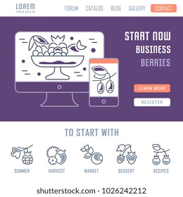 Line illustration of berries. Concept for web banners and printed materials. Template with buttons for website banner and landing page.