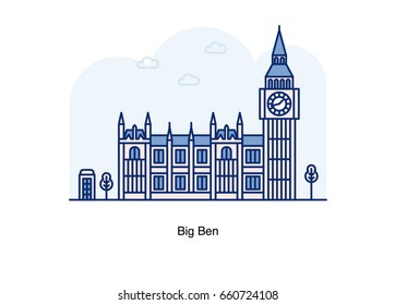 Line illustration of Big Ben, London, England.