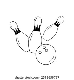 Line illustration of bowling pins with ball on white background. Bowling game. For designs team sports and outdoor activity themes.