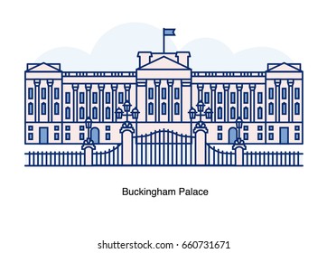Line illustration of  Buckingham Palace, London, England.