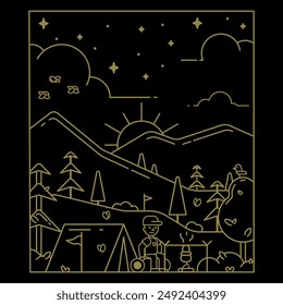 Line illustration of a campground against a mountain background for a t-shirt print. Illustration for clothing print.