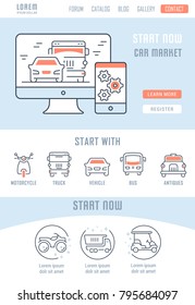 Line illustration of car market. Concept for web banners and printed materials. Template with buttons for website banner and landing page.