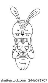 Line illustration of a cartoon rabbit holding a heart