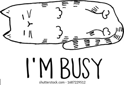 Line illustration of a cat sleeping on its side with a caption