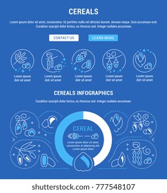 Line illustration of cereals. Concept for web banners and printed materials. Template with buttons for website banner and landing page.