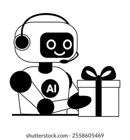 Line illustration of the chat bot giving a gift