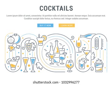 Line illustration of cocktails. Concept for web banners and printed materials. Template with buttons for website banner and landing page.