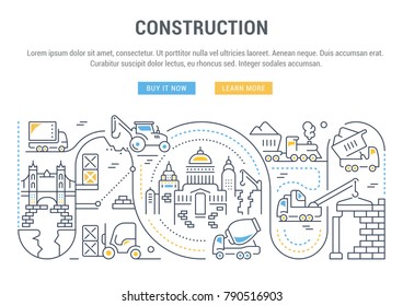 Line illustration of construction. Concept for web banners and printed materials. Template with buttons for website banner and landing page.