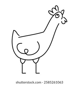 A line illustration of a curious chicken. Doodle rooster icon. Farm bird silhouette. Isolated on white.