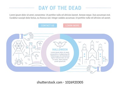 Line illustration of day of the dead. Concept for web banners and printed materials. Template with buttons for website banner and landing page.