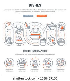 Line illustration of dishes. Concept for web banners and printed materials. Template with buttons for website banner and landing page.