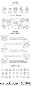 Line illustration of dishes. Concept for web banners and printed materials. Template with buttons for website banner and landing page.