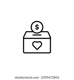 Line illustration of a donation box with a heart, symbolizing charity contribution and financial support.