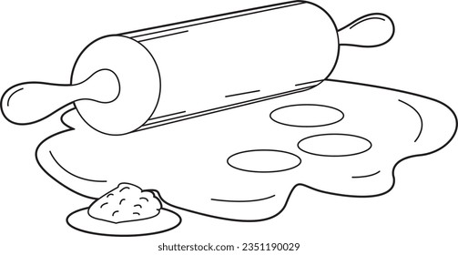 Line illustration of a dough with a rolling pin. Outline vector graphic on white background.