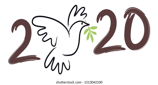 Line illustration of a dove with an olive branch, to wish a year 2020 under the utopian sign of peace in the world.