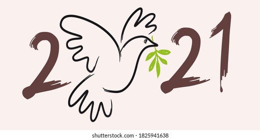 Line illustration of a dove with an olive branch, to wish a year 2021 under the utopian sign of peace in the world.