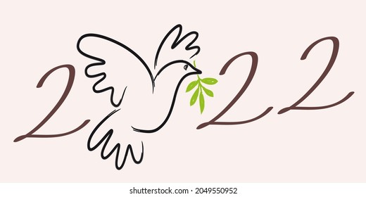 Line illustration of a dove with an olive branch, to wish a year 2022 under the utopian sign of peace in the world.